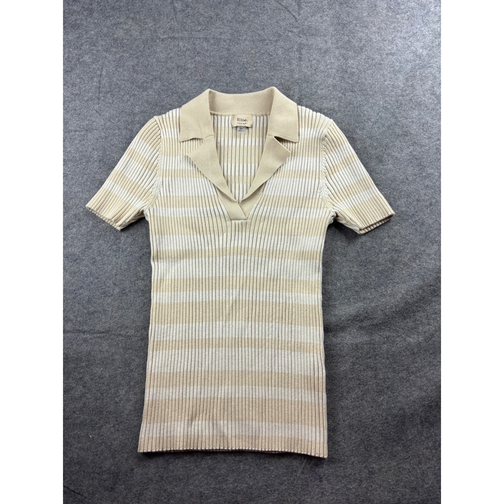 Elie Tahari Womens M Beige Striped‎ Rib Knit Short Sleeve Polo Shirt Old Money